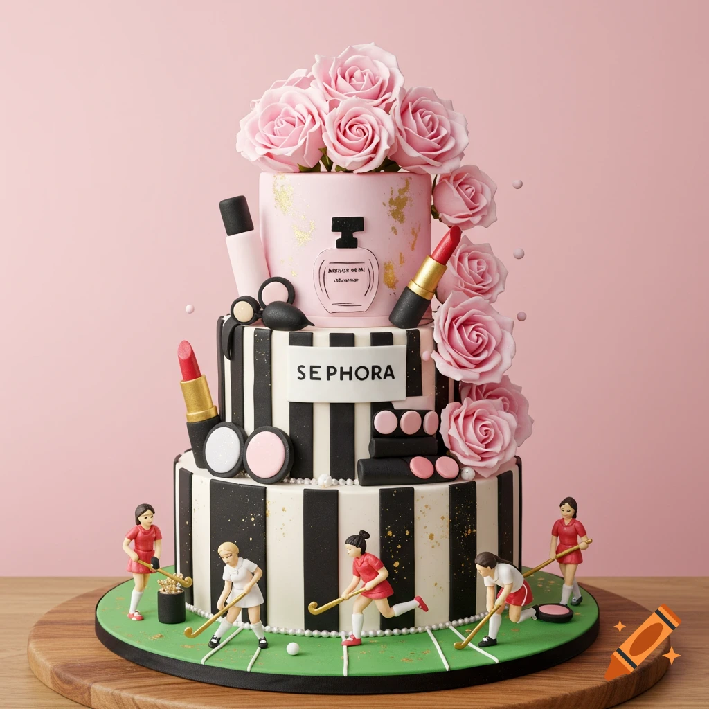Photorealistic tiered cake with black and white stripes, pink roses, makeup items, and figures playing field hockey on the green base.