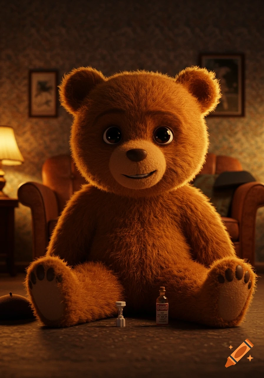 A fluffy brown teddy bear with big eyes smiles, sitting on the floor in a dimly lit room.