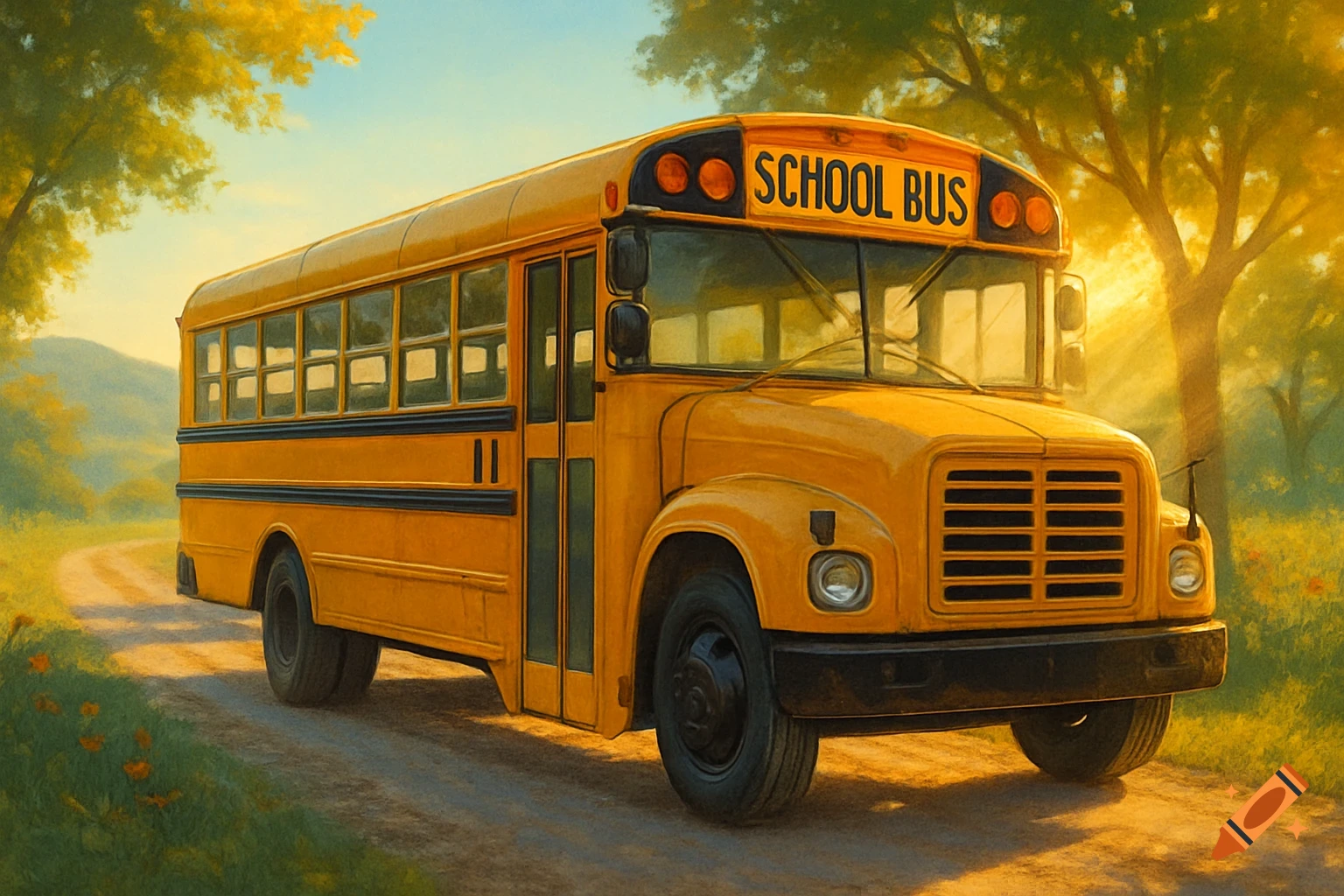 A yellow school bus on a dirt road, bathed in warm sunlight, surrounded by lush green and golden trees, in a painterly style.
