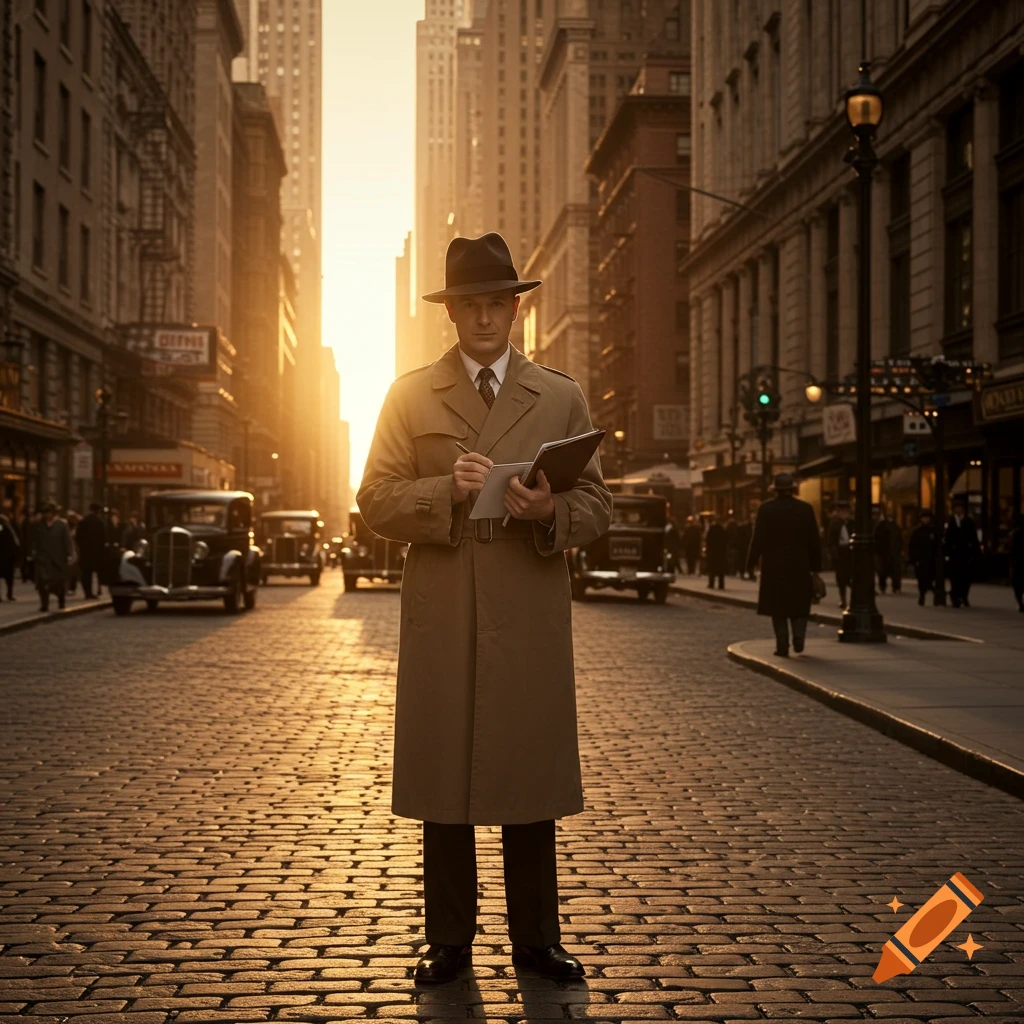 A man in a trench coat and fedora writes in a notebook on a cobblestone city street at sunset, with tall buildings in the background.