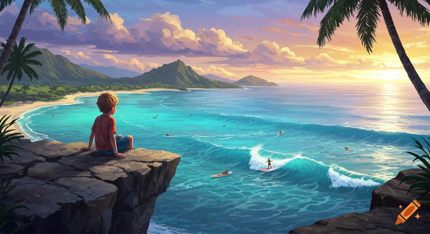 Illustrated tropical landscape: boy on a cliff watches surfers on a turquoise ocean with mountains and sunset.