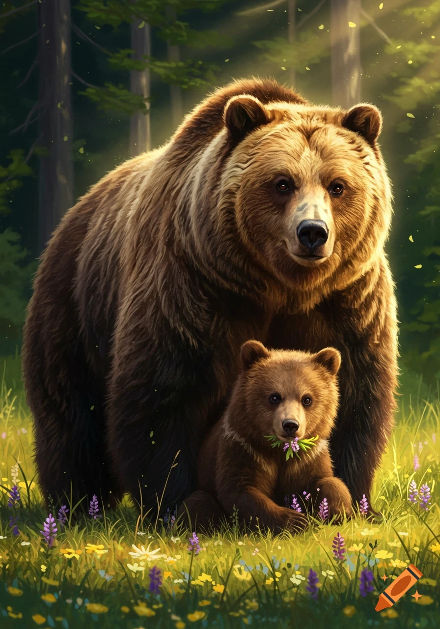 A mother bear and her cub stand in a sunlit forest clearing filled with colorful wildflowers.