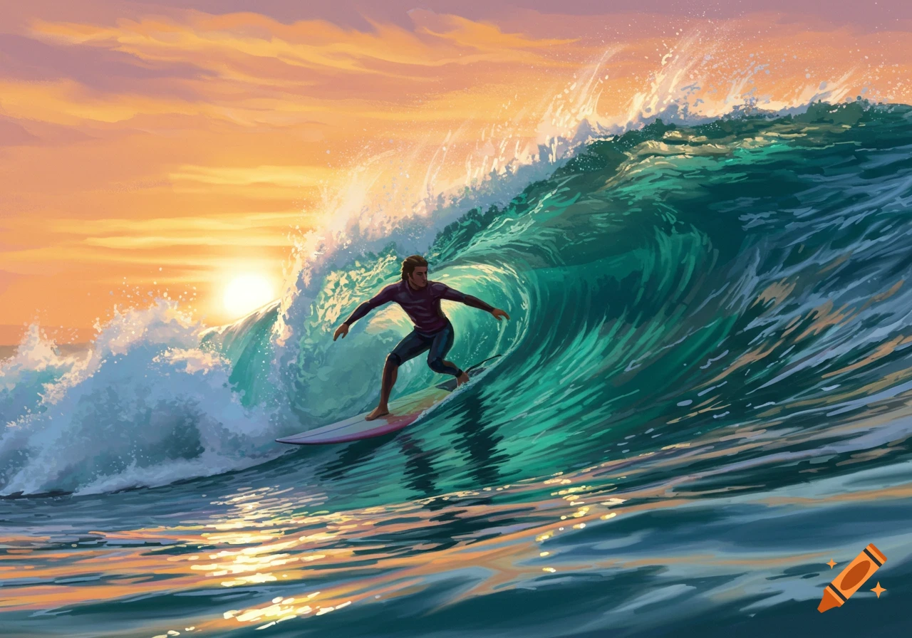 An illustration of a surfer riding a large green wave at sunset, with an orange and pink sky.
