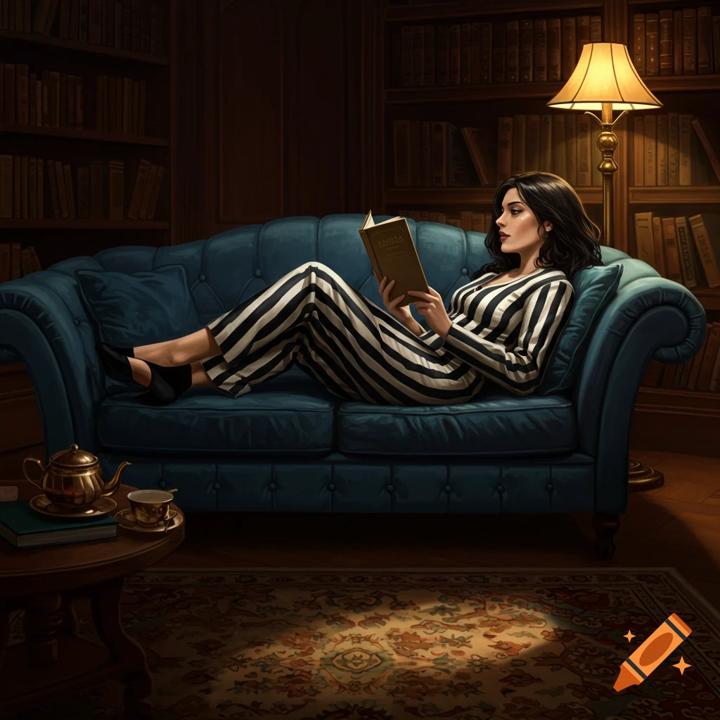 A woman in a striped outfit reads a book while reclining on a blue sofa in a dimly lit library.