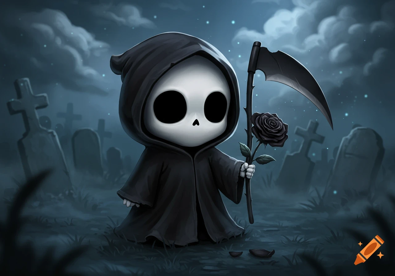A cute, chibi Grim Reaper in a black cloak holding a black rose and scythe in a dimly lit graveyard.