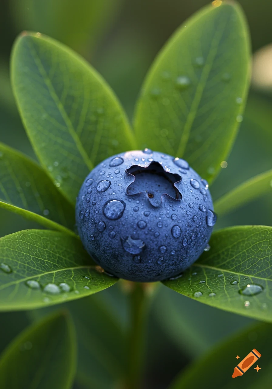 A single blue blueberry covered in water droplets rests among vibrant green leaves in a photorealistic close-up.