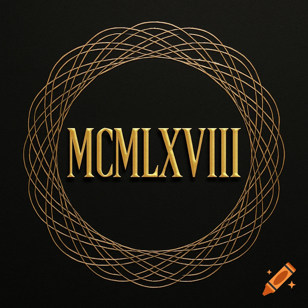 Gold Roman numerals MCMLXVIII centered in an intricate abstract gold ring on a textured black background.