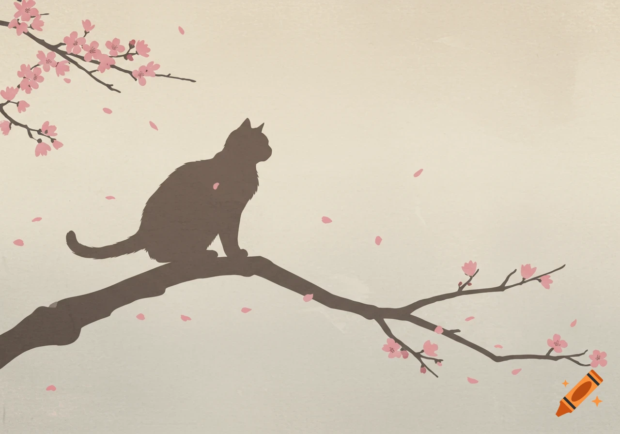 Minimalist Japanese woodblock print of a cat silhouette sitting on a cherry blossom branch with falling petals.