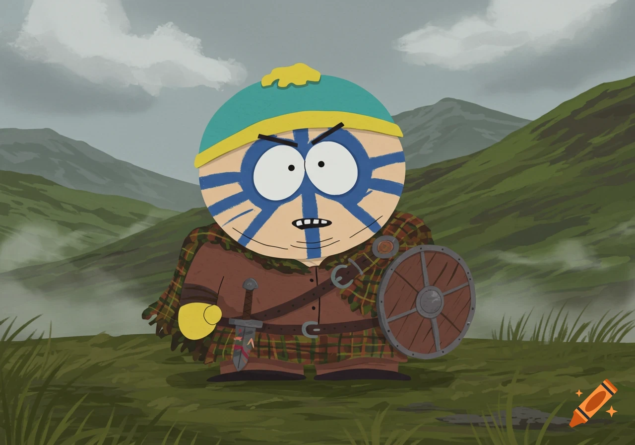 Eric Cartman from South Park in Braveheart face paint, kilt, sword, and shield, in a misty, mountainous landscape.