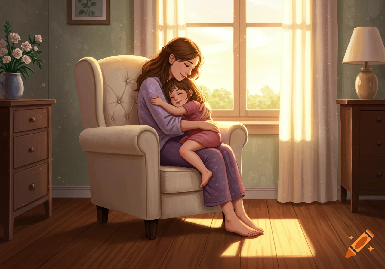 An illustration of a loving mother embracing her daughter while sitting in an armchair by a sunny window.
