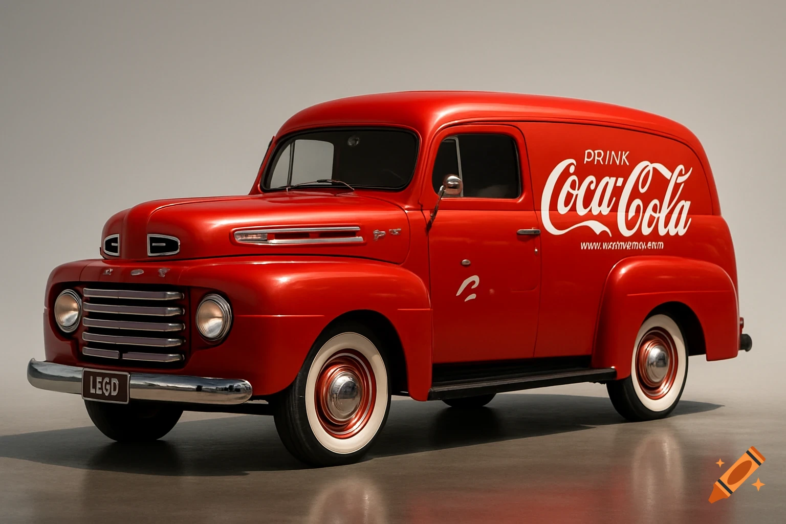 A red 1949 Ford F1 panel van with a Coca-Cola livery on a silver background.