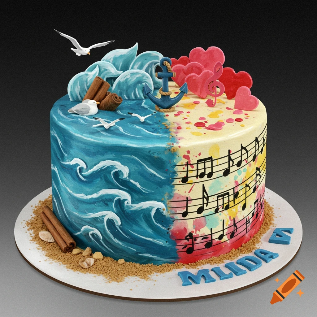 A decorated birthday cake, half blue ocean with seagulls and anchor, half yellow with musical notes and red hearts. The name MILIDA is on the base.