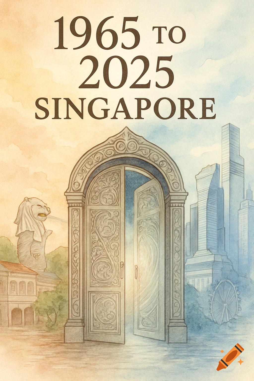 Watercolor book cover with an ornate door opening between old Singapore (Merlion) and modern Singapore (skyscrapers), titled '1965 to 2025 SINGAPORE'.