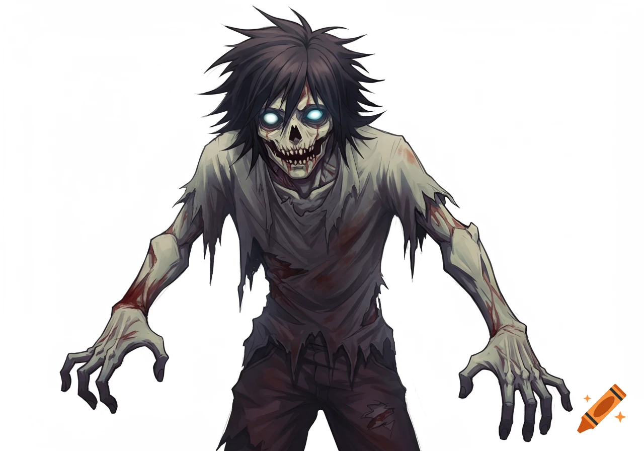 Anime zombie with torn clothes and glowing eyes walks with arms forward against a white background.