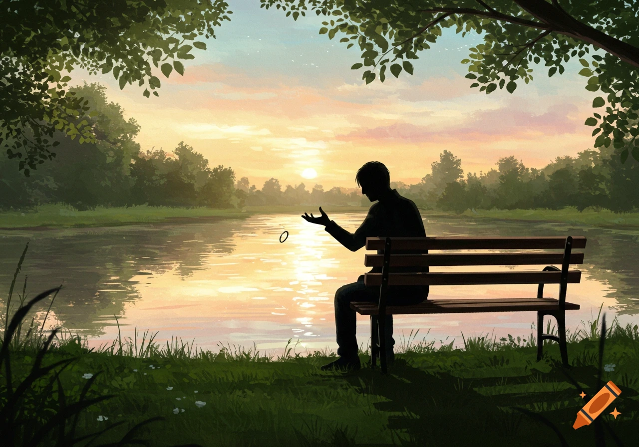 Silhouette of a man sitting on a park bench by a river at sunset, throwing a ring.