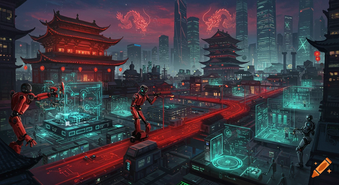 A detailed sci-fi cityscape blending traditional Chinese architecture with glowing tech, robots, and red roads under a dark sky with red dragons.