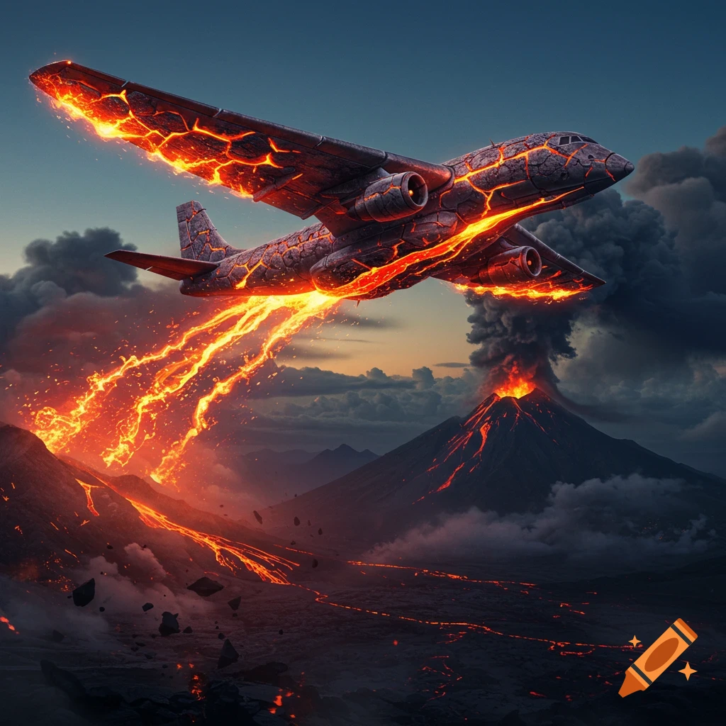 A dark, cracked airplane glows with molten lava as it flies over an erupting volcano, with lava rivers flowing across a dark landscape.