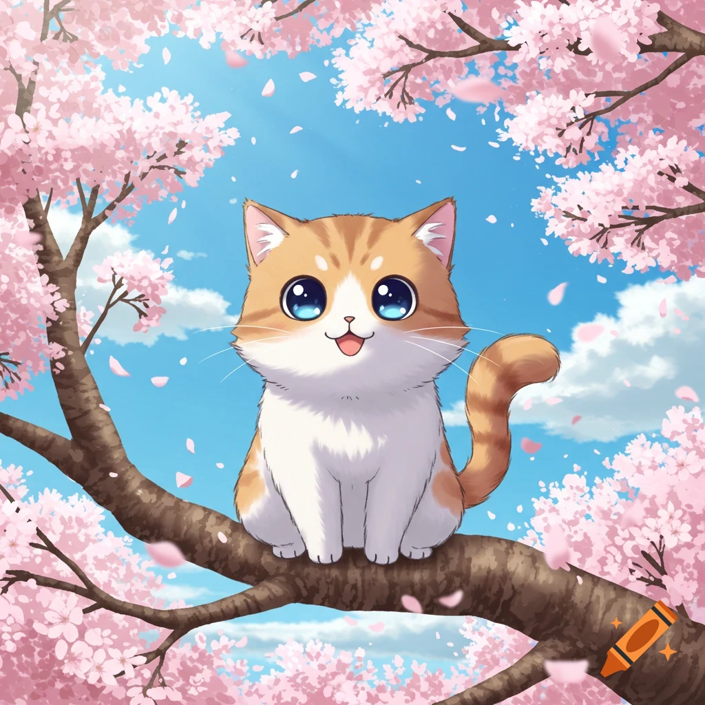 An anime-style ginger and white kitten with big blue eyes smiles happily, perched on a tree branch amidst pink cherry blossoms.
