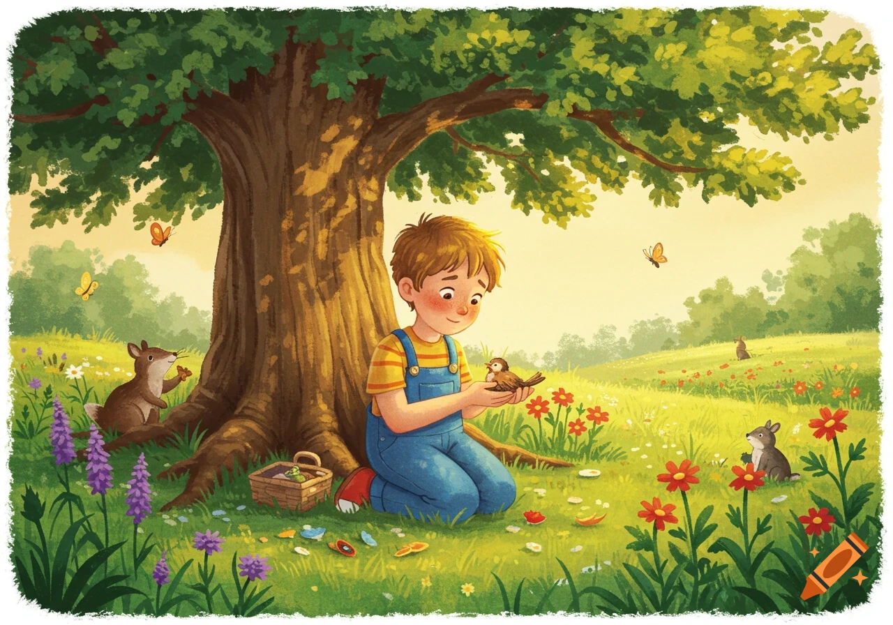 A kind boy kneels under a large tree, gently holding a bird in a sunny, flower-filled meadow with small animals, storybook style.