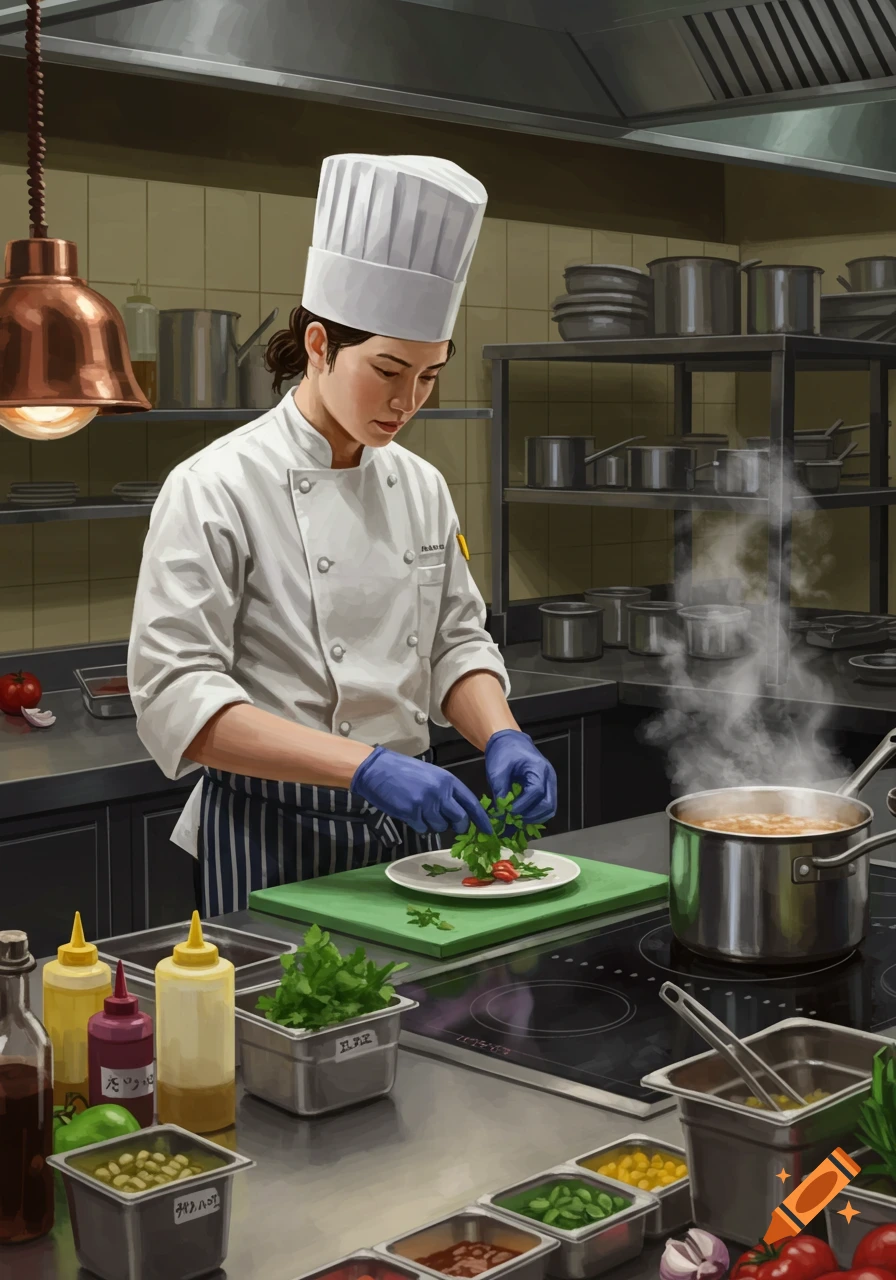 A chef in a white uniform and blue gloves plates herbs on a dish in a busy professional kitchen, with a pot steaming on the stove.
