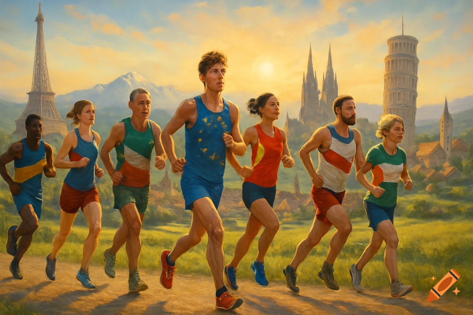 A group of diverse runners in athletic wear runs on a dirt path with iconic European landmarks in the background, in a painterly style.