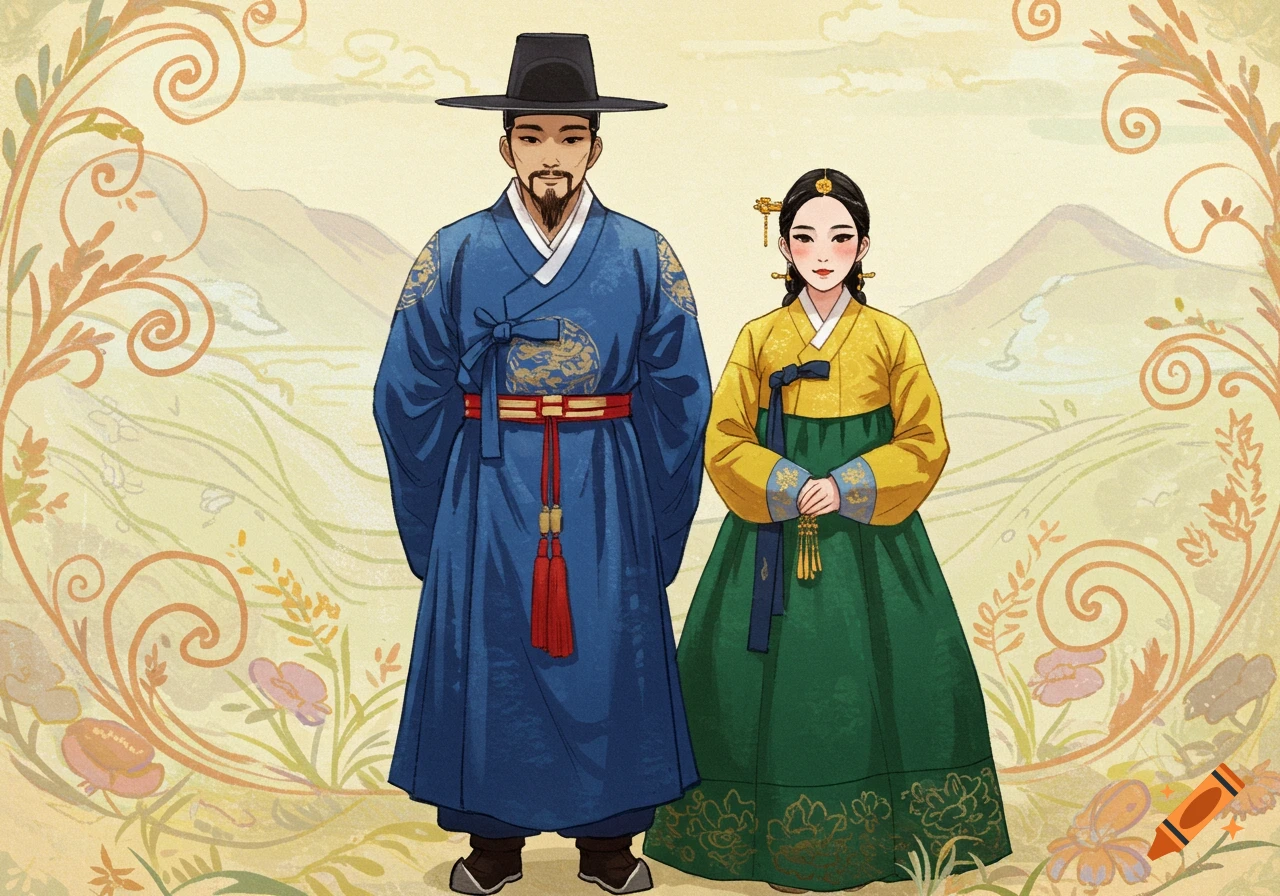 A folk art illustration of a man in a blue hanbok and black hat, and a woman in a yellow and green hanbok, against a stylized landscape.
