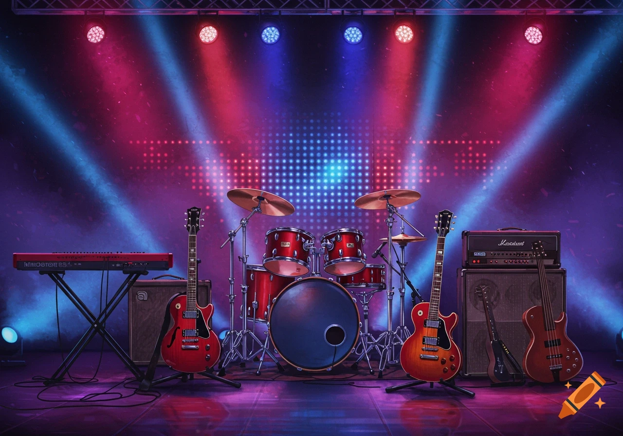 A vibrant music stage illuminated by red and blue spotlights, featuring a drum set, keyboard, two electric guitars, an electric bass, and amplifiers.