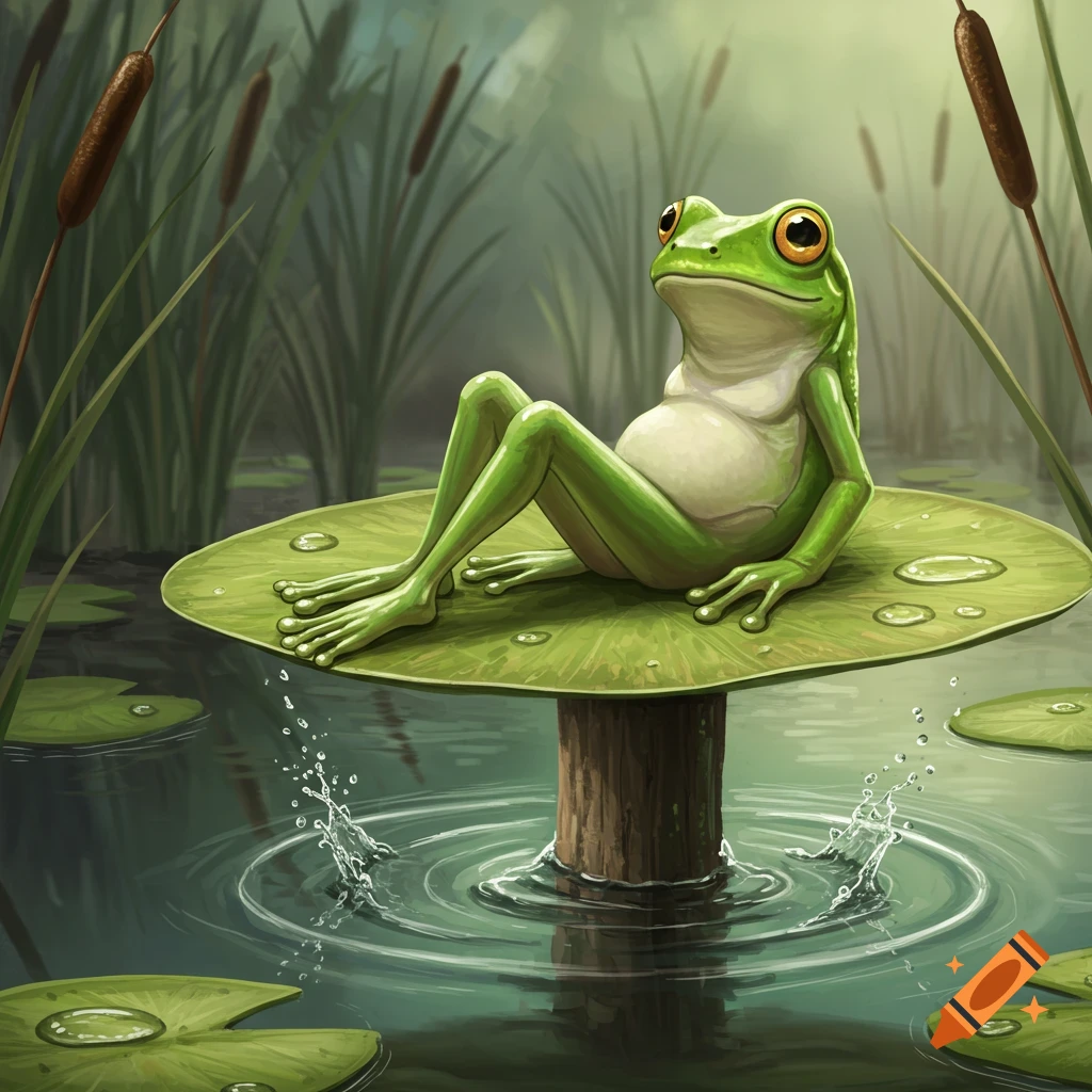 A green frog with human legs relaxing on a lily pad in a pond, in a stylized illustration.