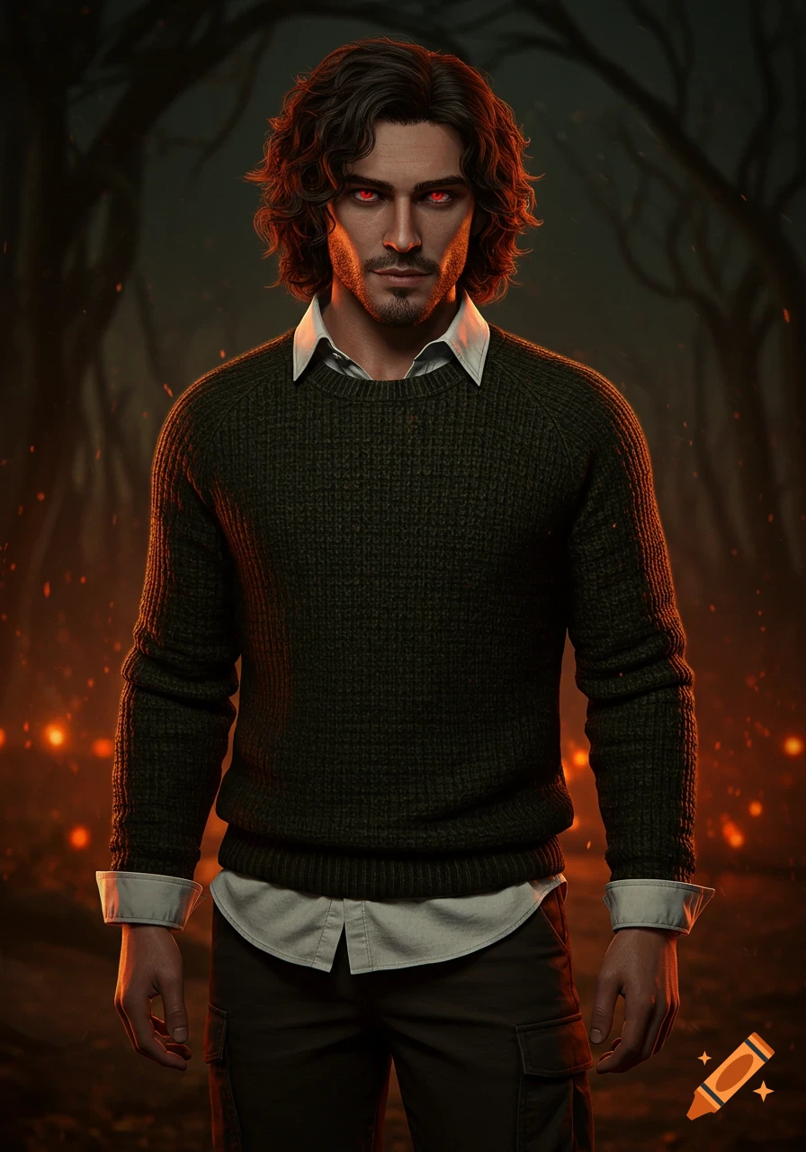 A man with wavy dark brown hair and glowing red eyes wears a dark green sweater over a white shirt, standing in a dark forest with orange lights.