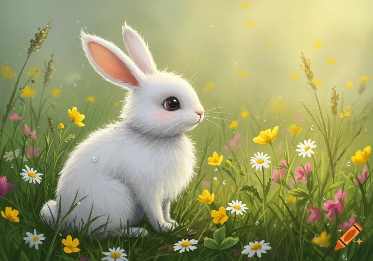 A fluffy white rabbit with rosy cheeks sits in a vibrant meadow among colorful wildflowers, in a whimsical illustration style.