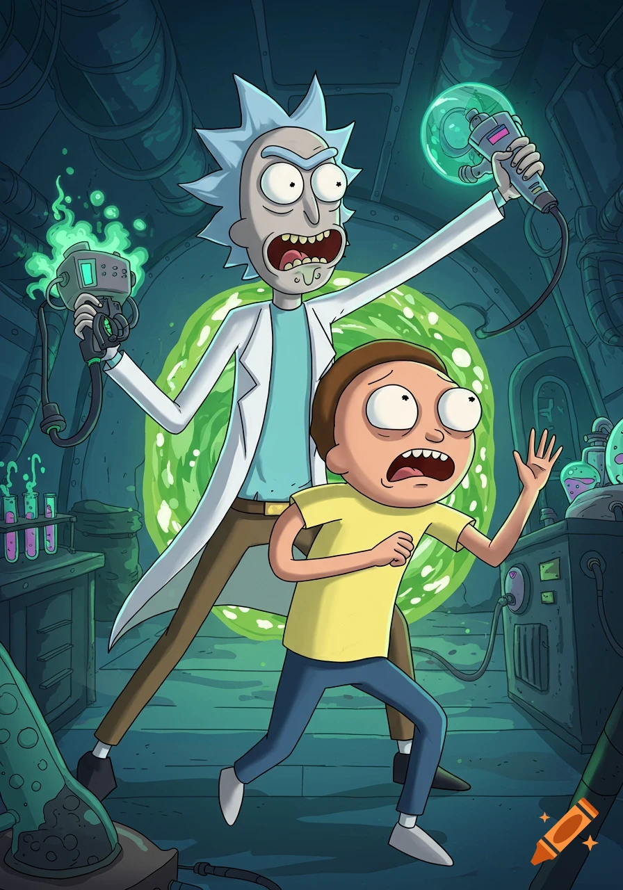 Rick and Morty looking distressed in a lab with a glowing green portal and sci-fi gadgets in a cartoon style.