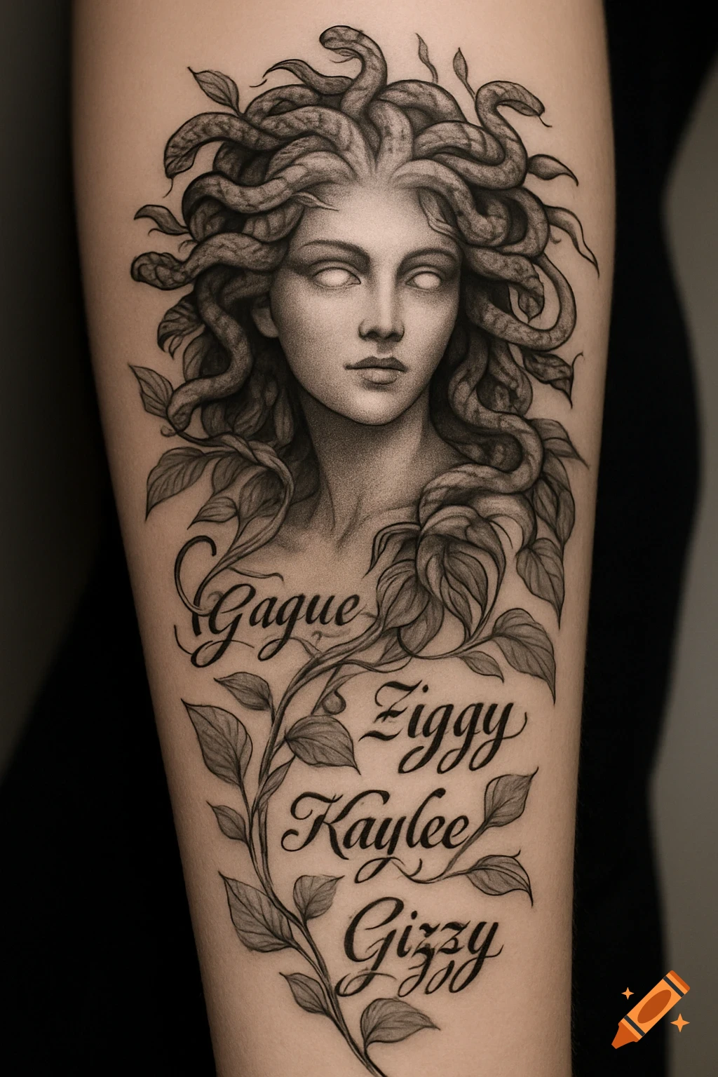 Detailed grayscale Medusa tattoo with snakes for hair and names 'Gague, Ziggy, Kaylee, Gizzy' on vines on an arm.