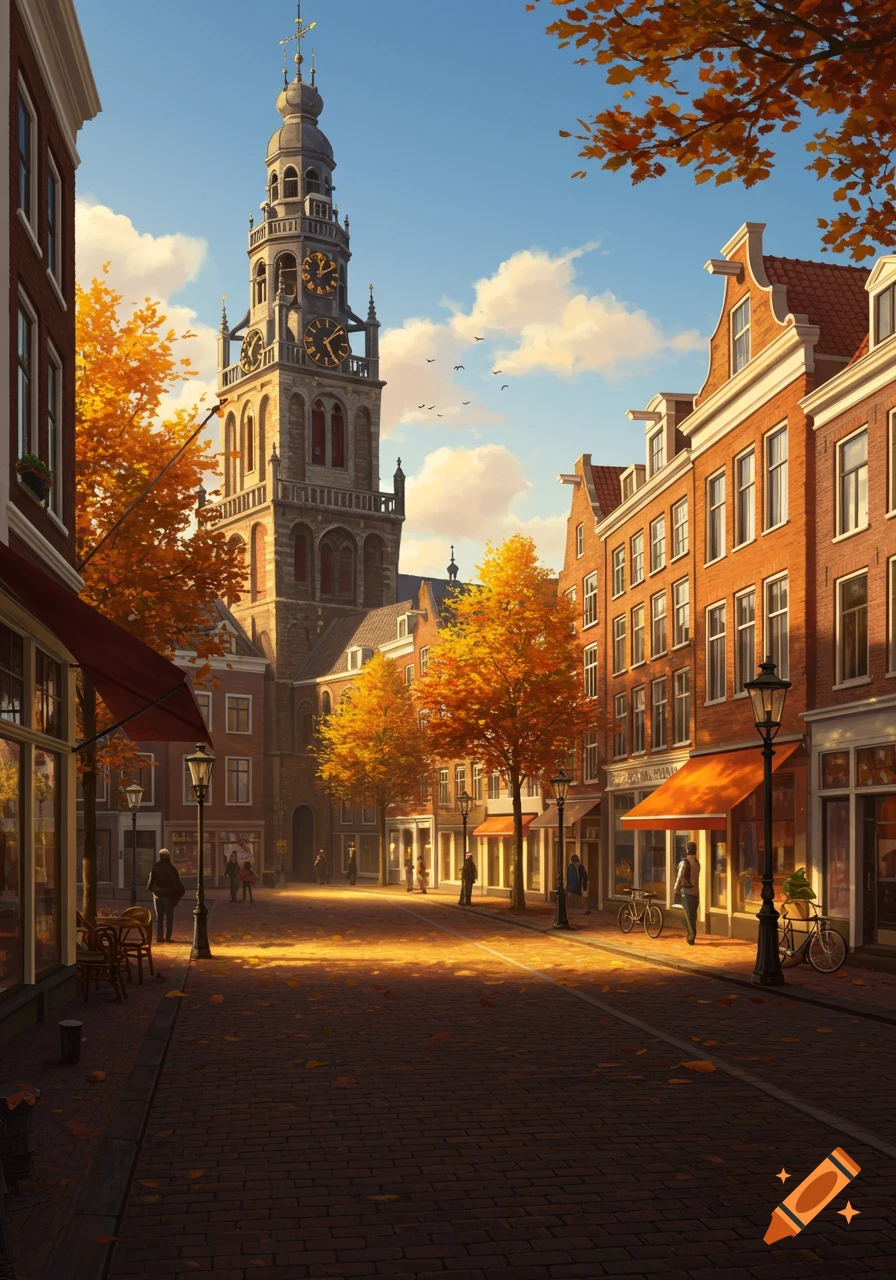 A quaint European street scene in autumn, featuring a tall bell tower and brick buildings under a clear sky.