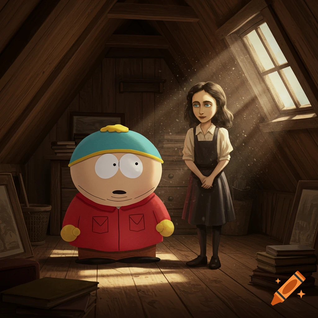 Cartoon character Eric Cartman stands next to a stylized depiction of Anne Frank in a dusty attic, with light streaming from a window.