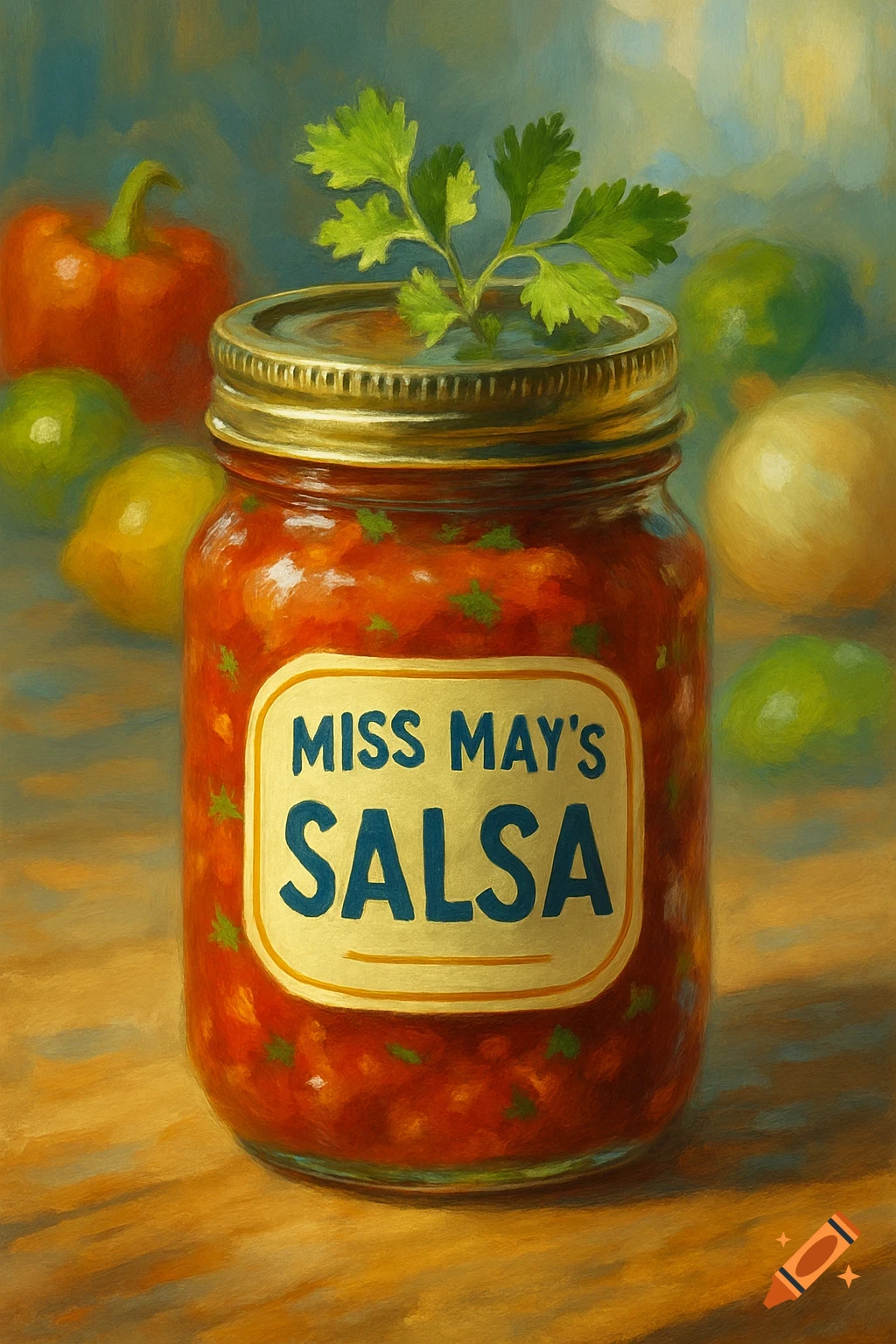 Painterly still life of a salsa jar labeled 'Miss May's Salsa' with cilantro, surrounded by bell peppers, limes, and an onion.