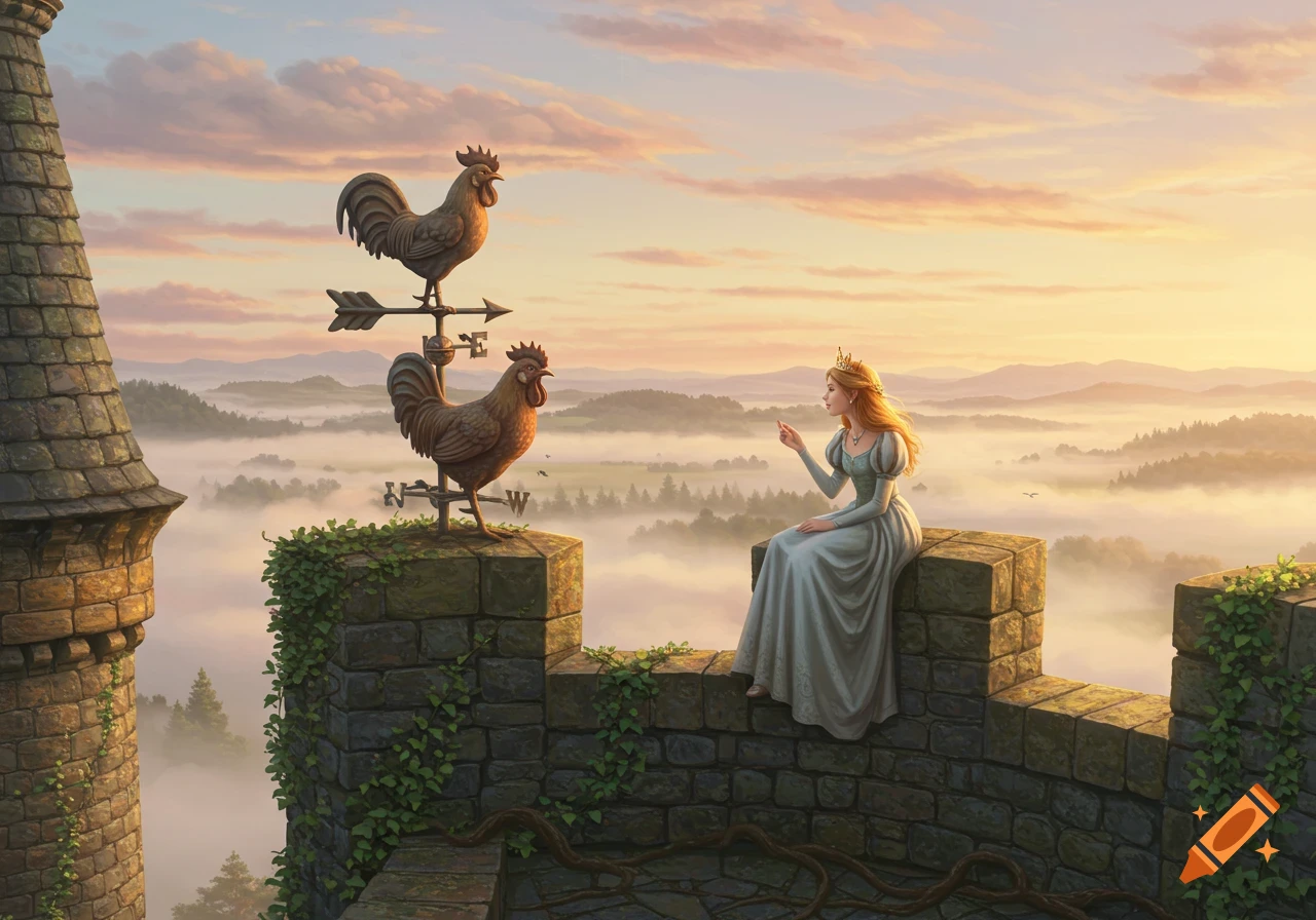 A princess sits on a castle wall next to two rooster weathervanes, overlooking a misty valley at sunrise.