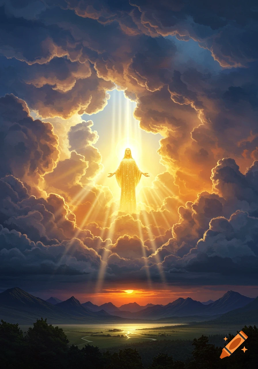 A glowing figure in robes ascends amidst golden clouds and light rays, overlooking a serene mountain landscape at sunset.