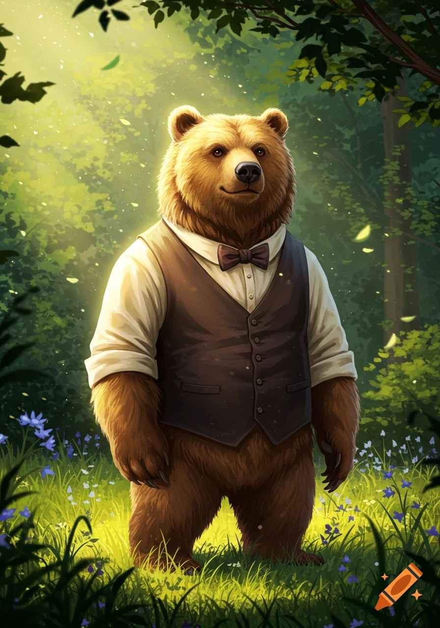 A well-dressed anthropomorphic bear in a vest and bow tie stands in a lush, sunlit forest with blue flowers. Illustrative style.