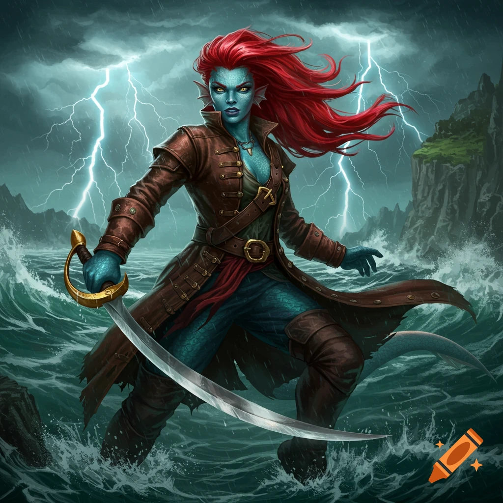 A female Triton pirate with red hair and blue scaled skin, wielding a scimitar in a stormy, lightning-filled sea with rocky islands.