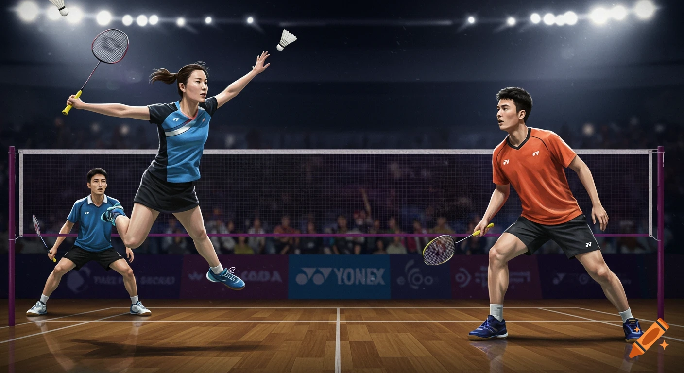 Four badminton players on a court under bright stadium lights during a match.