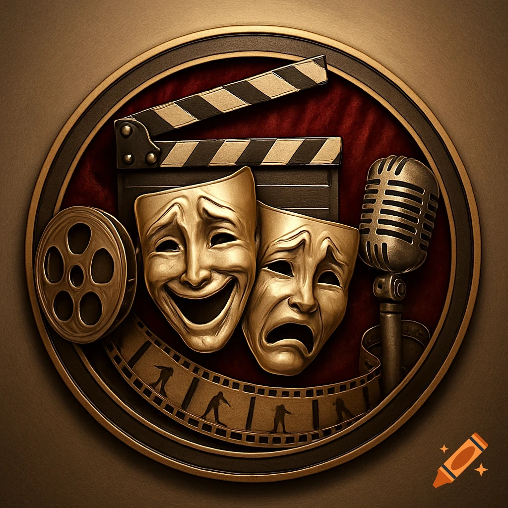 Detailed circular golden emblem featuring comedy and tragedy masks, a clapperboard, film reel, microphone, and a film strip, against a deep red background.