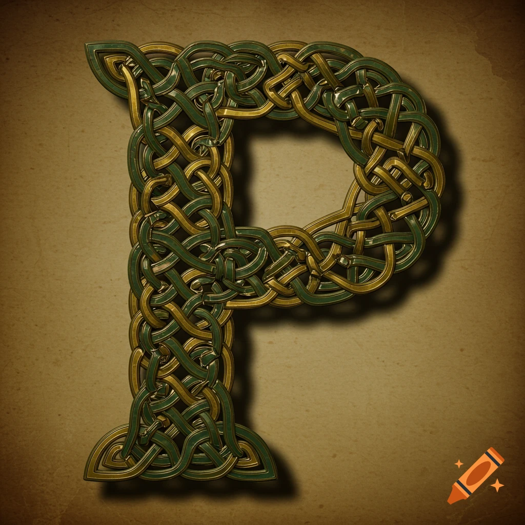 A detailed letter 'P' formed by interwoven green and gold Celtic knots on a textured brown background.