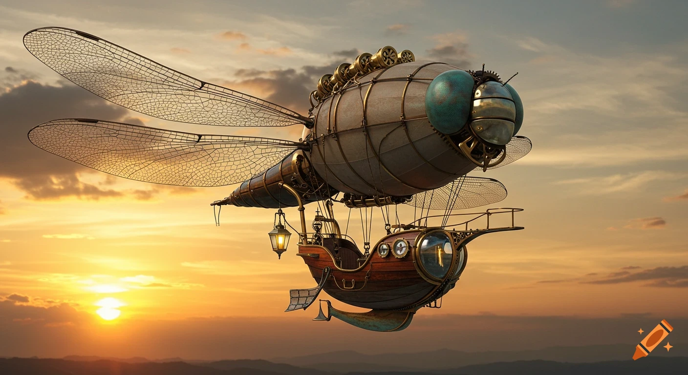 A highly detailed steampunk airship designed like a dragonfly, with mechanical wings and a gondola, flying at sunset.