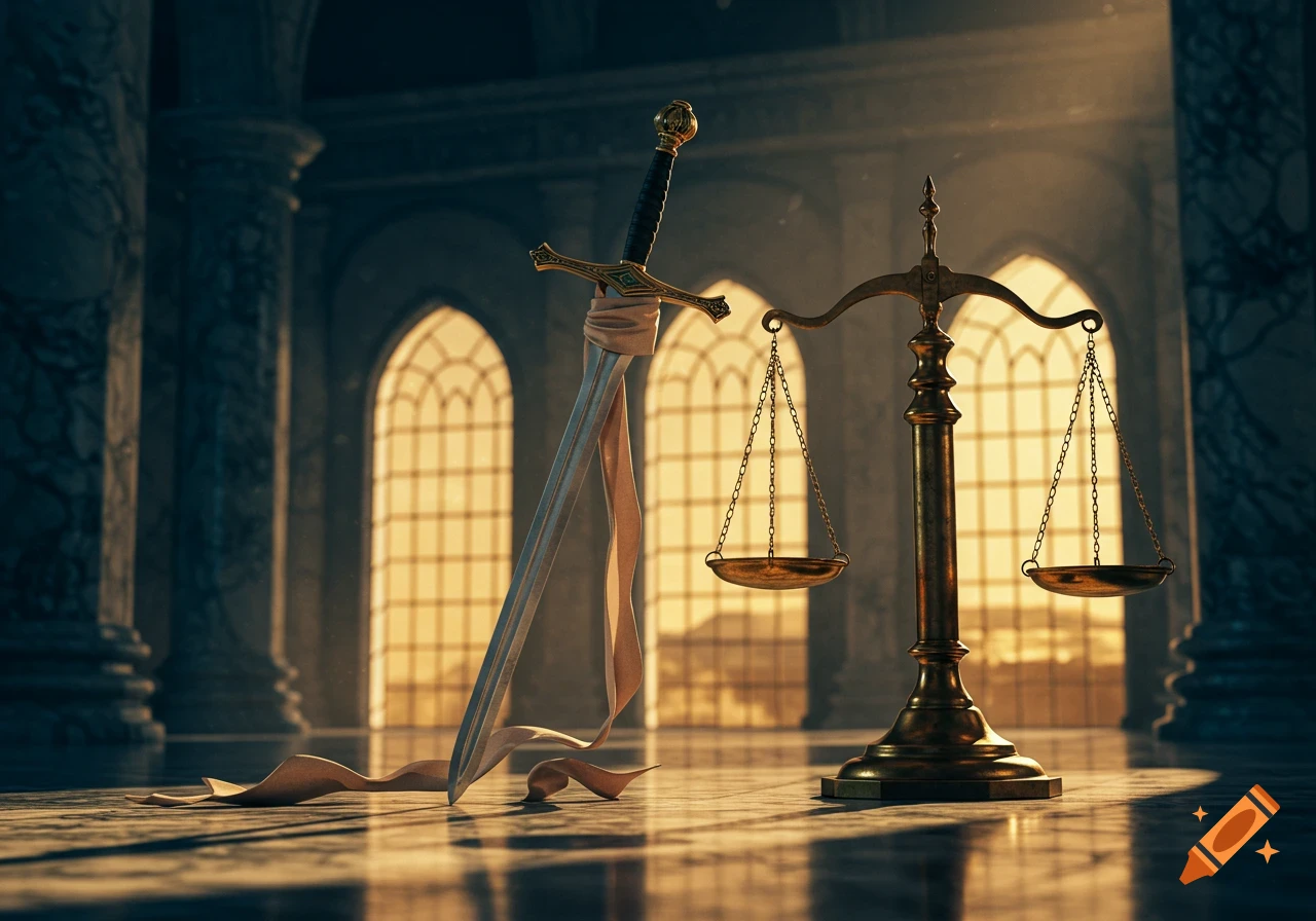 A sword with a cloth wrapped around it stands beside a set of antique weighing scales in a grand, sunlit hall with arched windows.