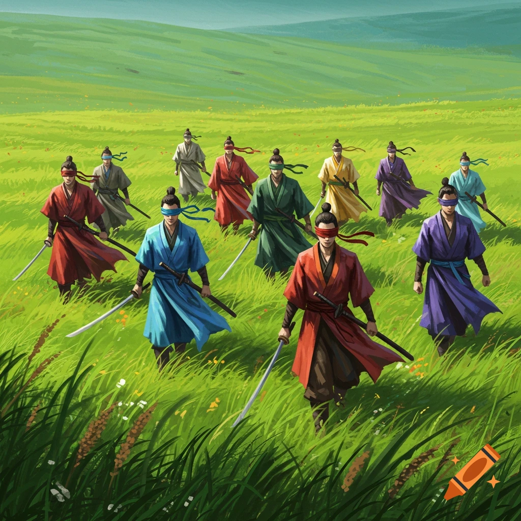 Twelve blindfolded swordsmen in colorful robes walk across a vibrant green grassy plain, digital illustration.