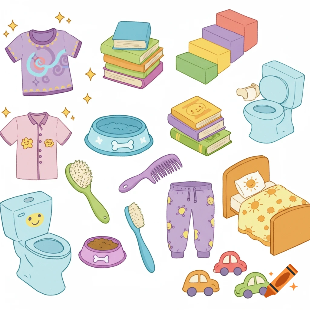A collection of colorful, cute cartoon illustrations including clothing, books, pet bowls, toothbrushes, combs, toilets, a bed, and toy cars on a white background.