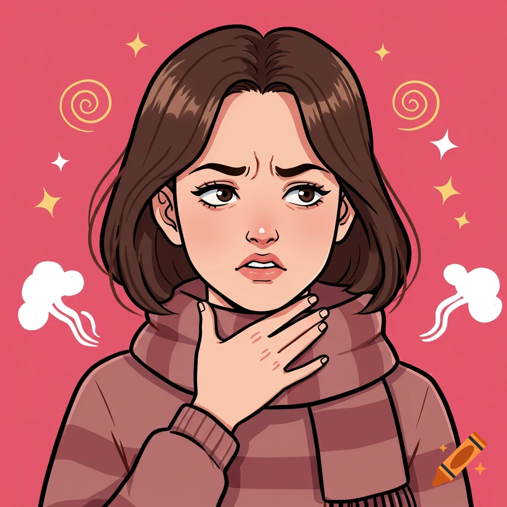 A cartoon illustration of a young woman with a worried expression, holding her throat to indicate a sore throat.