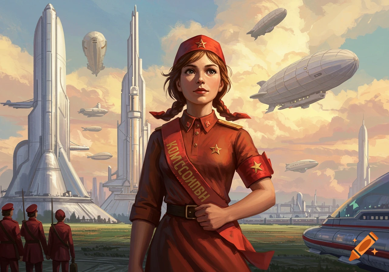 A young woman in a red Soviet-era uniform with pigtails stands before a retrofuturistic cityscape with airships and tall buildings.