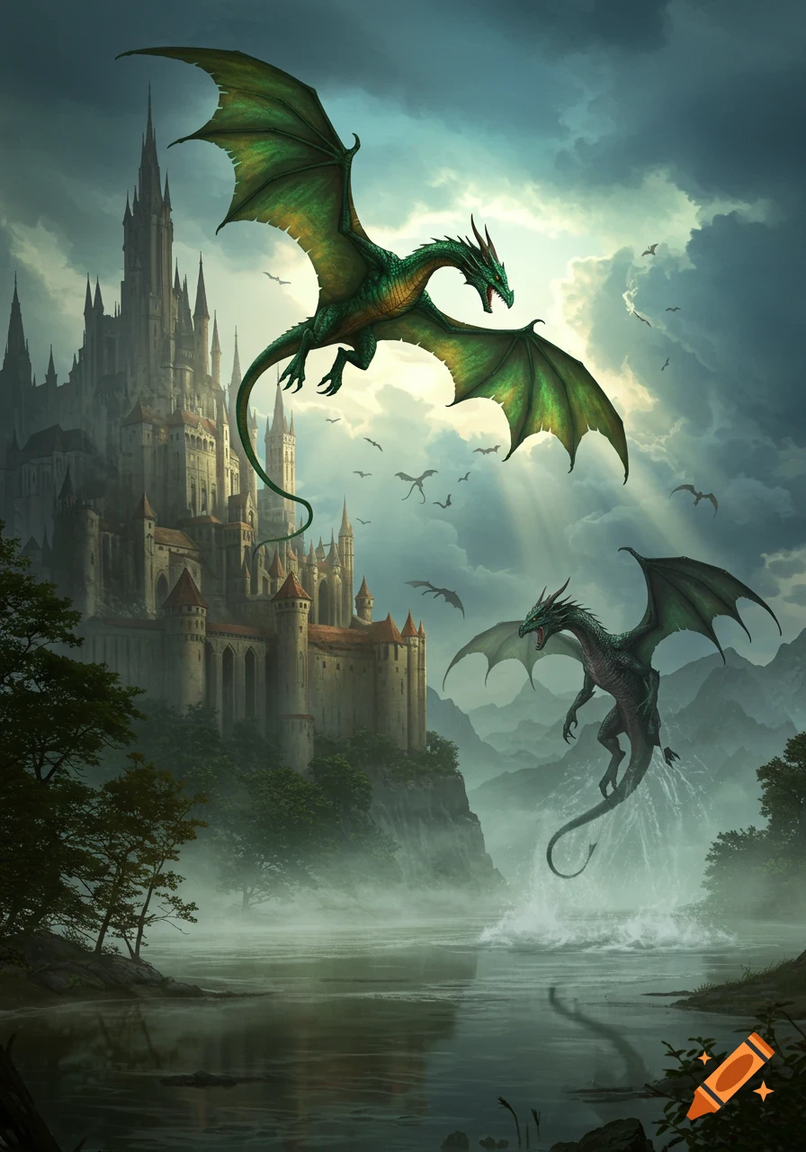 A vibrant green dragon flies past a towering medieval castle, while a second dragon emerges from a misty lake below in a fantasy art style.