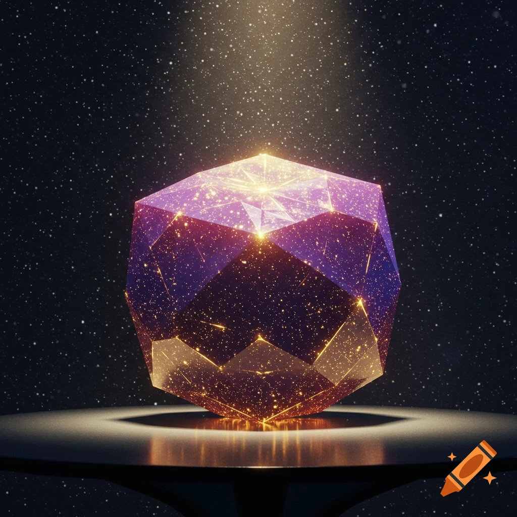 A glowing purple and gold faceted geometric object, resembling a star, on a dark surface with a starry background.